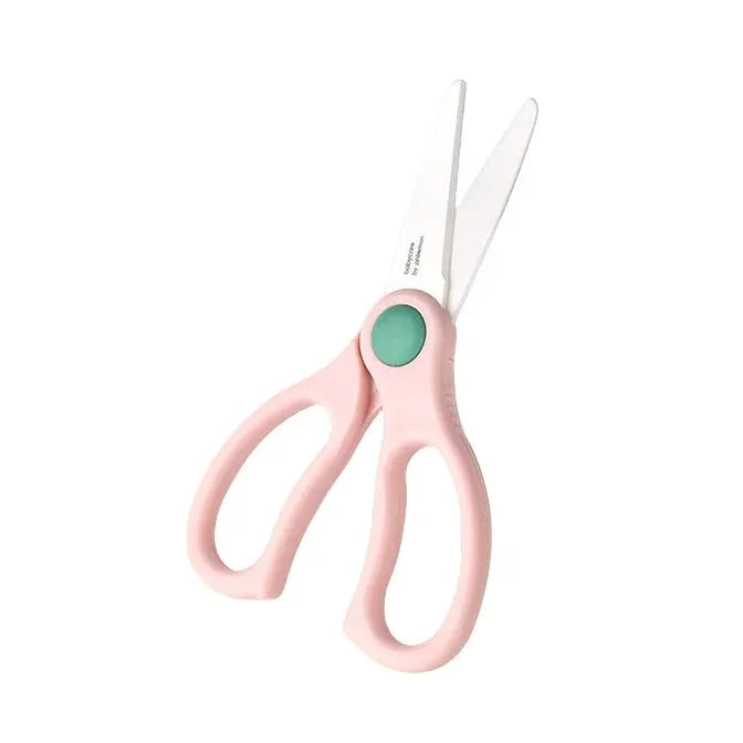 Bc Babycare Ceramic Scissors pink-handled nursing scissors with green pivot, blades open.
