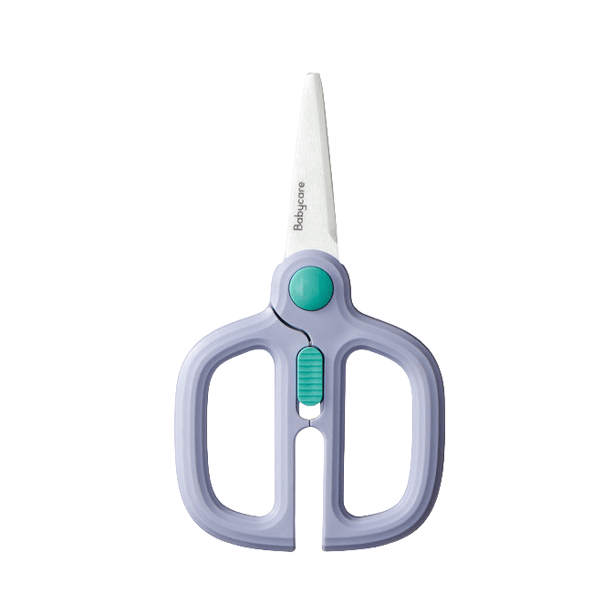 BC Babycare ceramic scissors with safety lock, lavender handles and teal control button