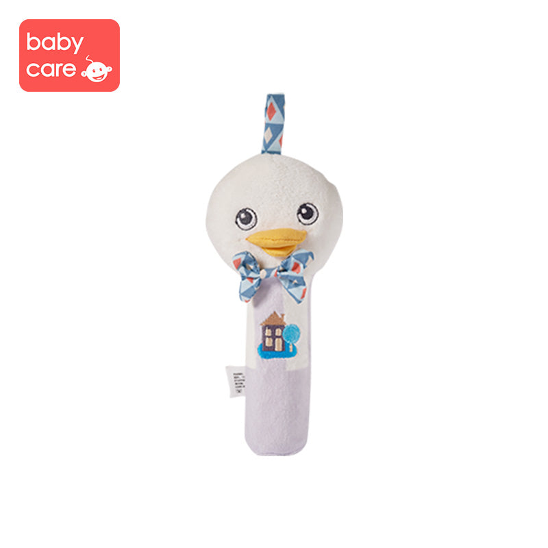 BC Babycare Comfort Toy Duck plush with blue geometric bow and hanging loop