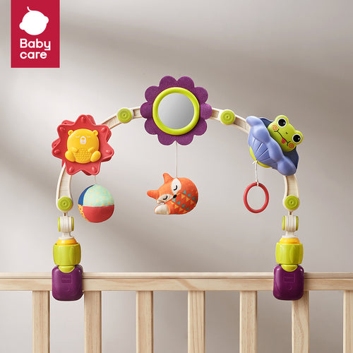 BC Babycare crib and stroller activity bar with colorful hanging sun, fox, frog toys (3)
