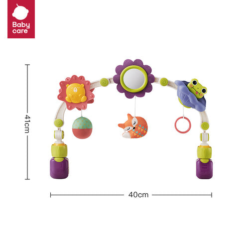 BC Babycare crib and stroller activity bar; colorful plastic arch with sun, flower, fish, frog toys, 4 charms, 40cm wide by 41cm high
