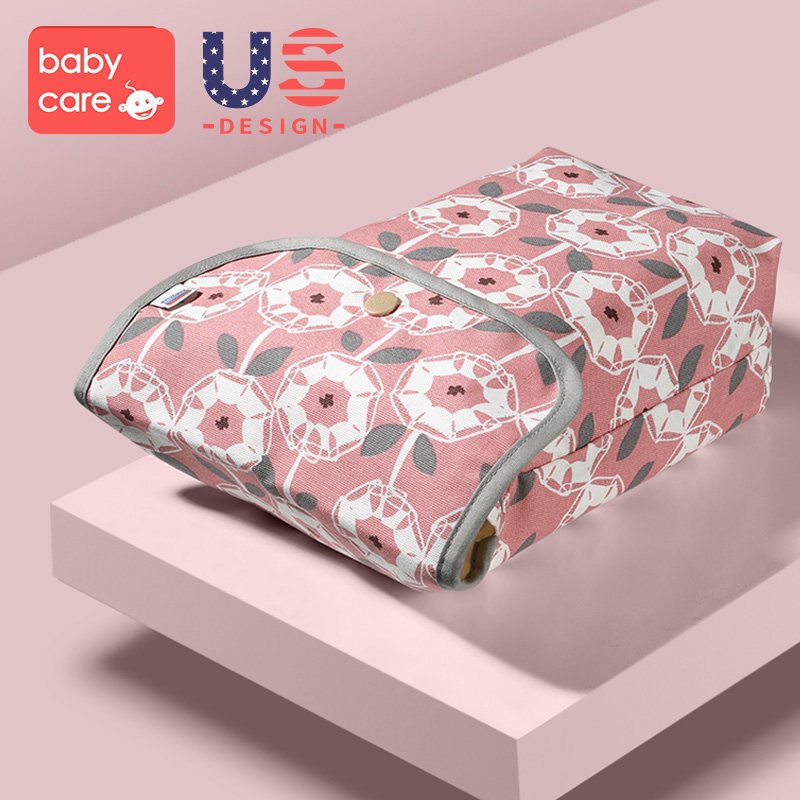 BC Babycare diaper storage bag pink floral pattern with gray trim, portable organizer