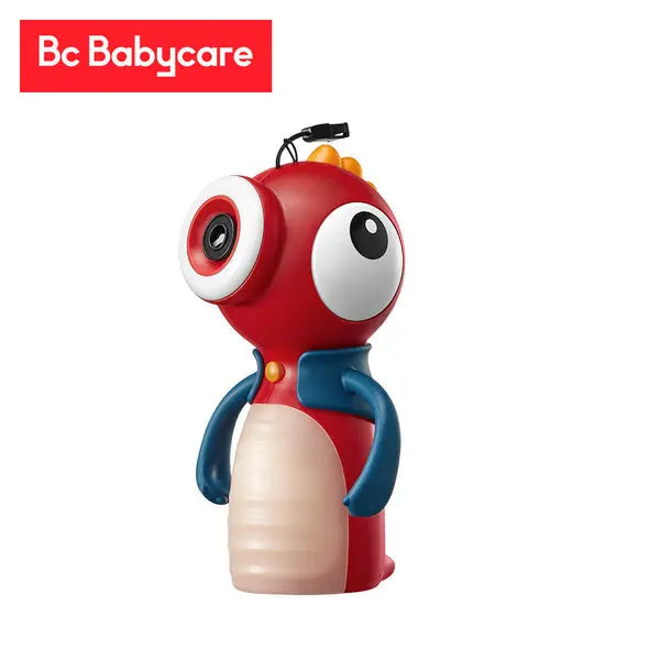 Bc Babycare Dino Barron Bubbler bath toy, red with blue limbs and big white eyes, tethered upright.