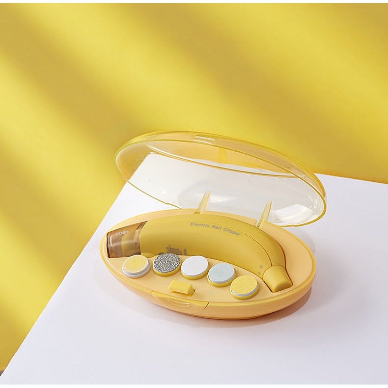 BC Babycare electric nail trimmer and polisher in a yellow case with six discs
