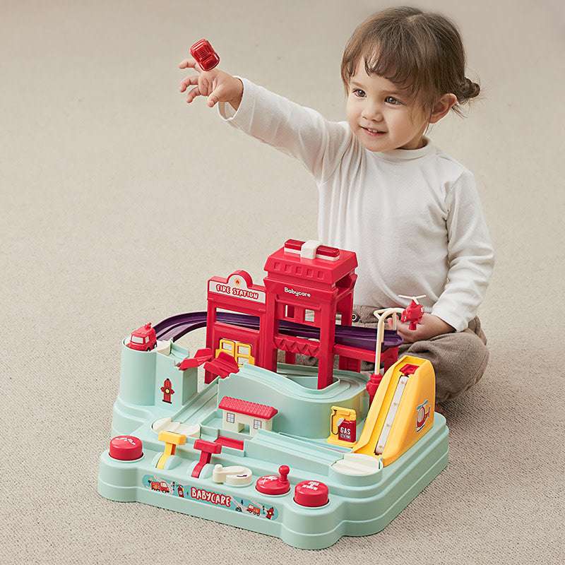 BC Babycare Fire Station Adventure Toy Set; red fire station with pastel blue base and track for toddlers