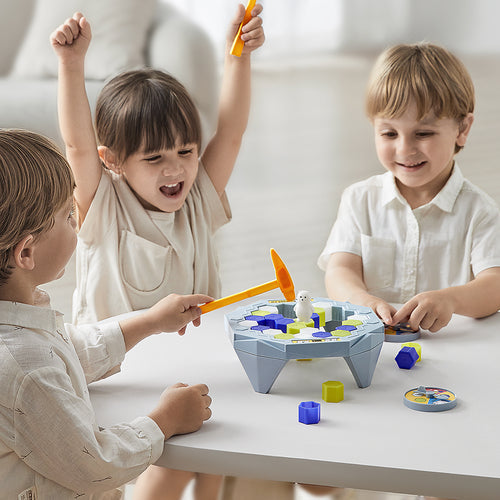 BC Babycare Ice Breaker Game Set; three kids play with colorful blocks and tools on a white table.