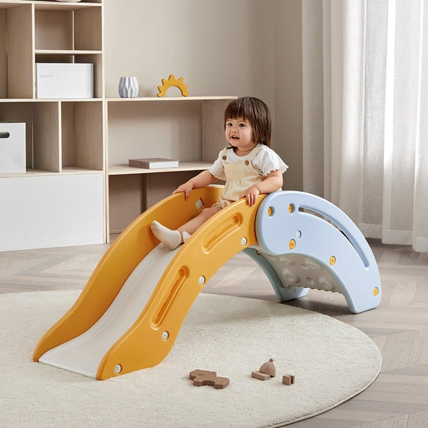 BC Babycare kids climber and slide in yellow and blue plastic playset with a toddler
