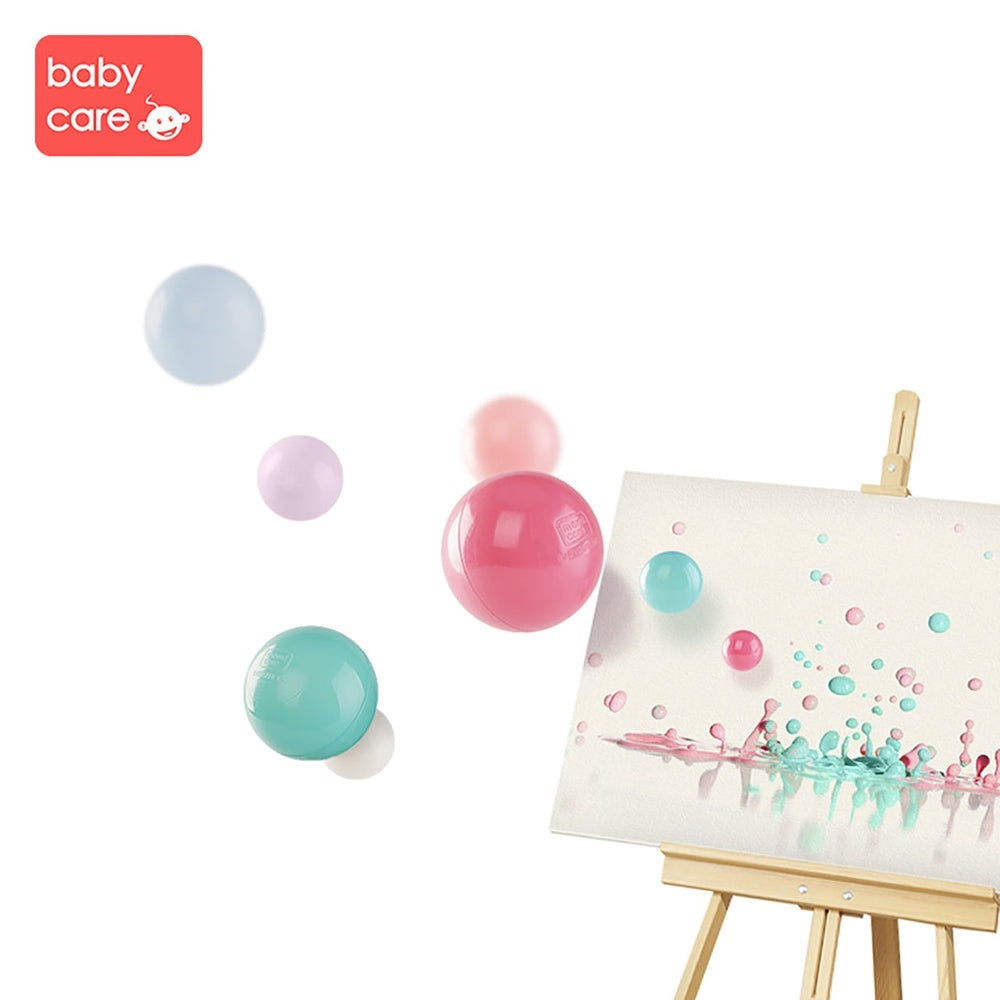 BC Babycare Kids Ocean Balls set of 6 pastel balls in blue, pink, teal and lilac beside an easel