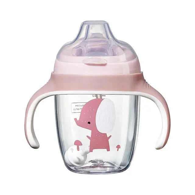 BC Babycare Kids Sippy Cup With Straw 210 ml in pink with elephant graphic and dual handles for easy grip.