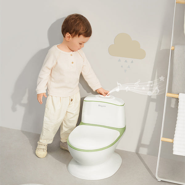 BC Babycare kids training toilet; white with green trim, compact toddler-friendly potty for bathroom training.