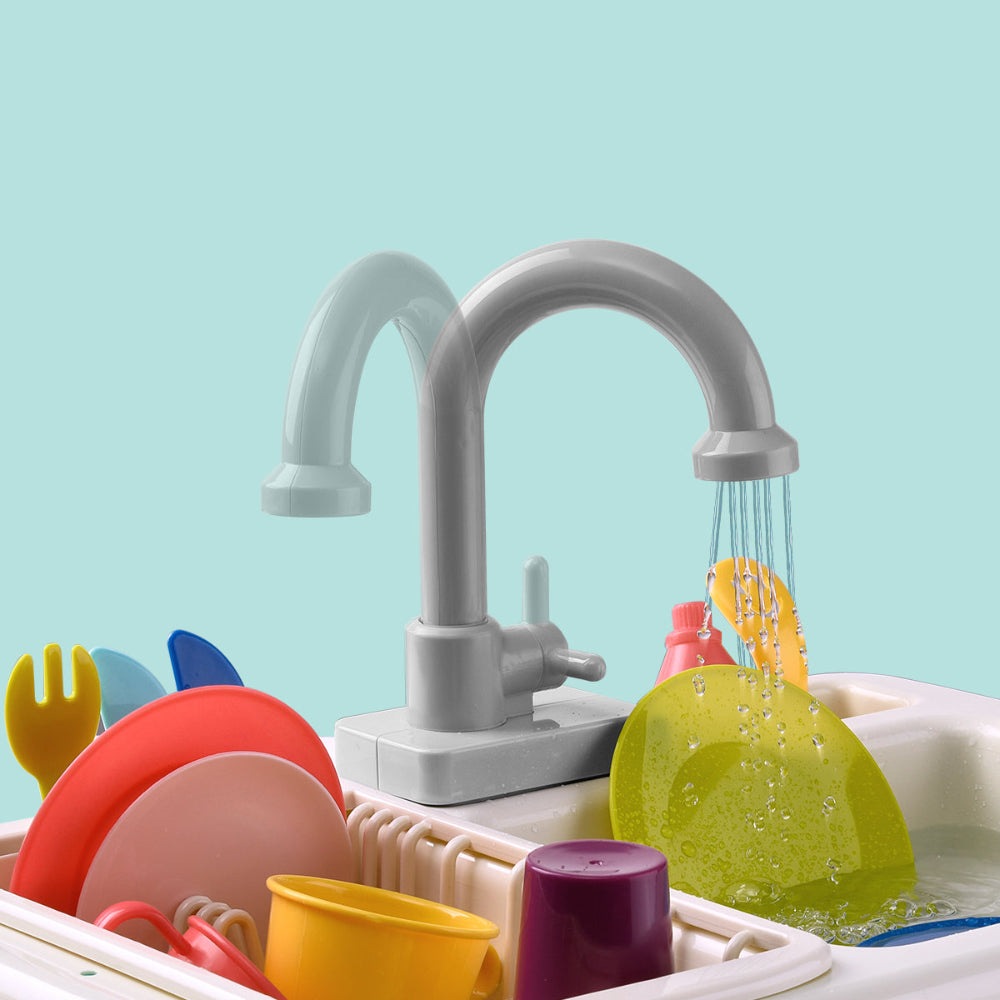 Bc Babycare kitchen toy set with colorful plastic dishes and utensils and a gray faucet play sink
