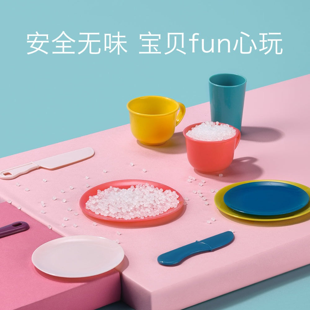 BC Babycare kitchen toy set; colorful plastic bowls, plates, cups and utensils for pretend play