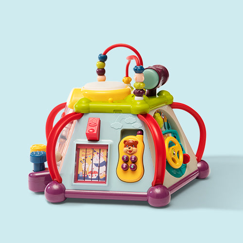 BC Babycare Learning Activity Cube Plus toy, multicolor plastic activity cube with beads, buttons and wheels
