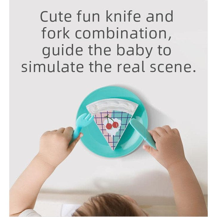 BC Babycare Little Cooker Pizza Set Toy; teal plastic plate with knife, fork and illustrated pizza slice