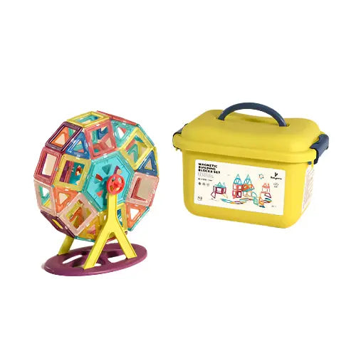 BC Babycare Magnetic Building Blocks Set forms a colorful translucent sphere on a stand beside a yellow storage box.