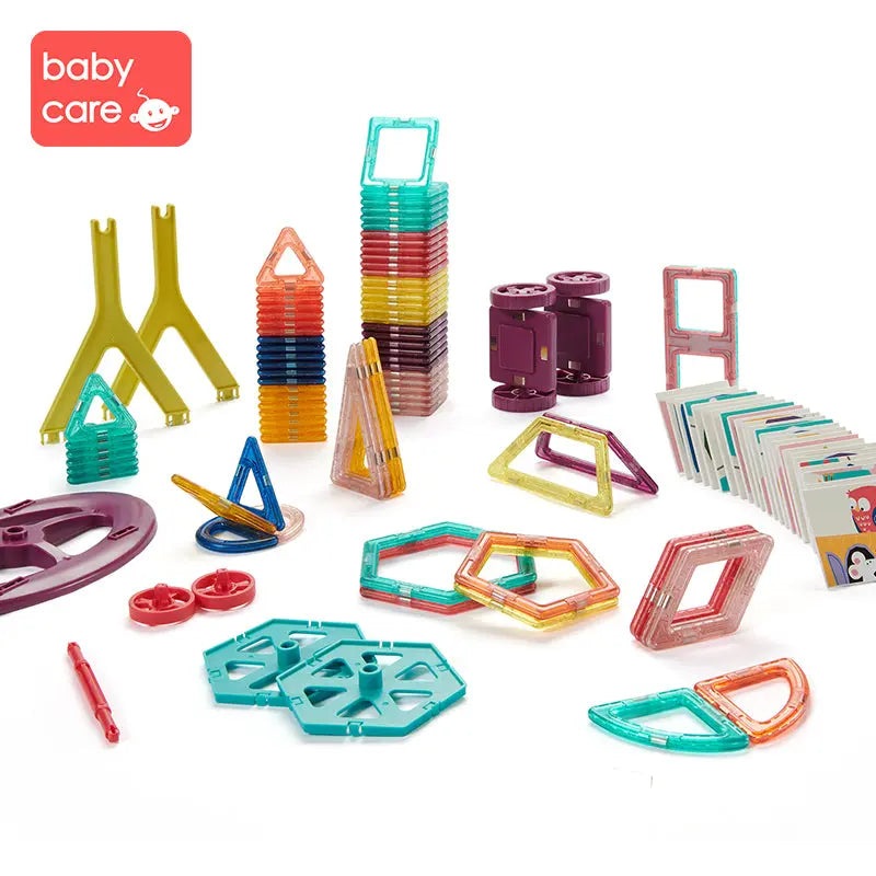 BC Babycare Magnetic Building Blocks Set with colorful frames and tiles, kids stack towers to build.