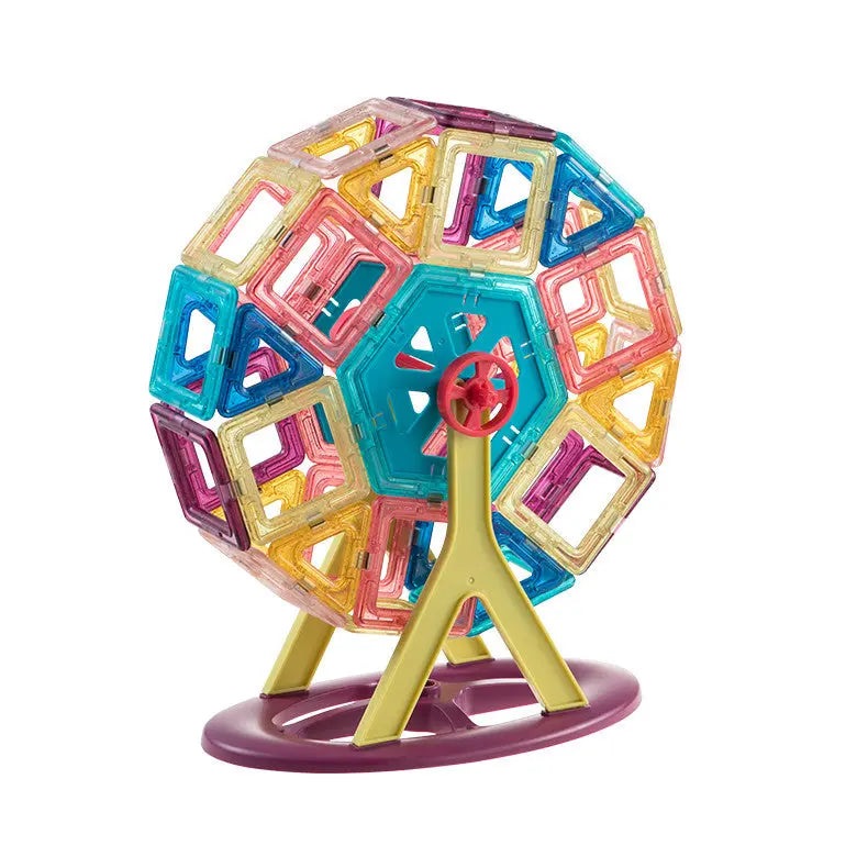 BC Babycare Magnetic Building Blocks Set Ferris wheel toy; spinning colorful translucent blocks on a yellow stand.