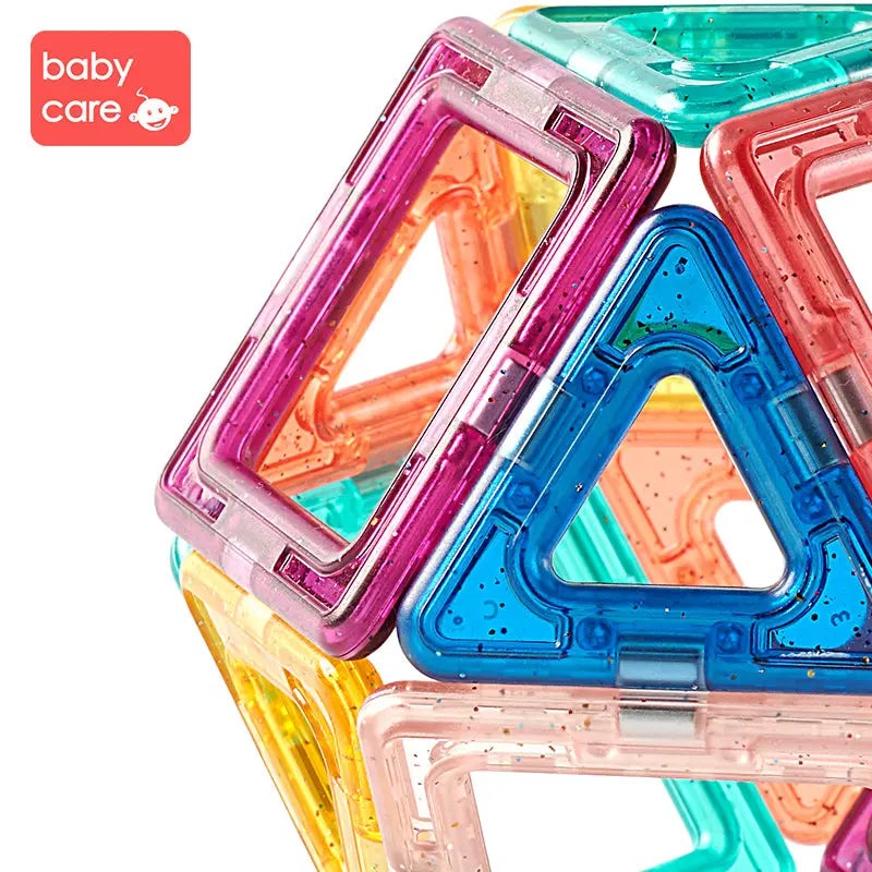 BC Babycare Magnetic Building Blocks Set with colorful translucent triangles and squares forming a stacked tower