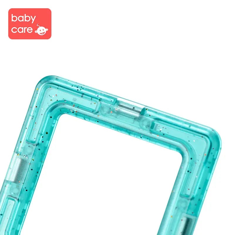 BC Babycare Magnetic Building Blocks Set teal transparent frame with glitter accents, close-up of magnetic edges.