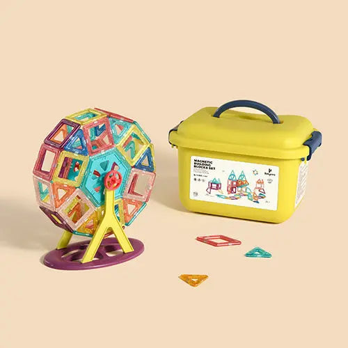 BC Babycare Magnetic Building Blocks Set: kids eagerly assemble a colorful translucent sphere beside a yellow storage case