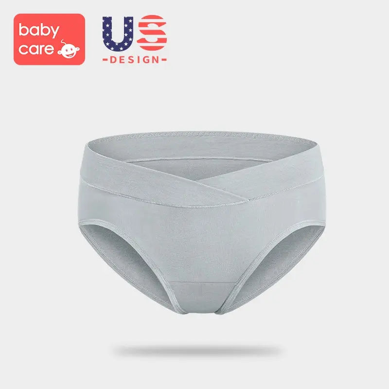 BC Babycare Maternity Underwear Amber in light gray fabric with a crossover waistband, showcased with a wrapped front.