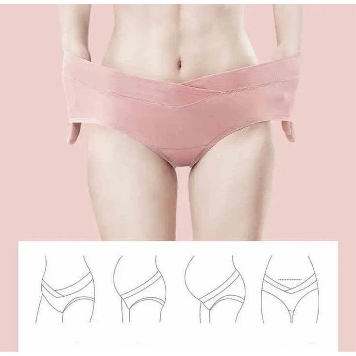BC Babycare maternity underwear cream in pink with a crossover waistband, shown on a model.