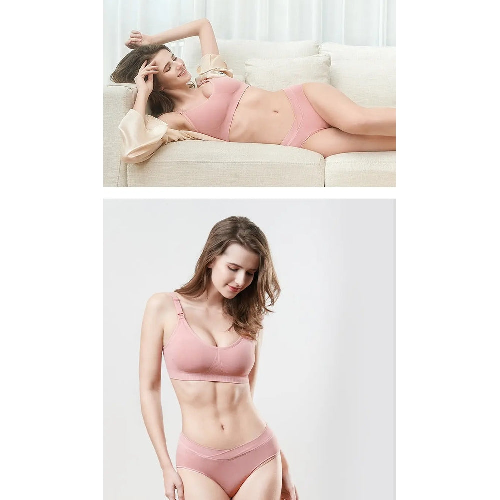 BC Babycare Maternity Underwear Cream set-pink bra and high-waist briefs shown lounging on a sofa for comfy fit.