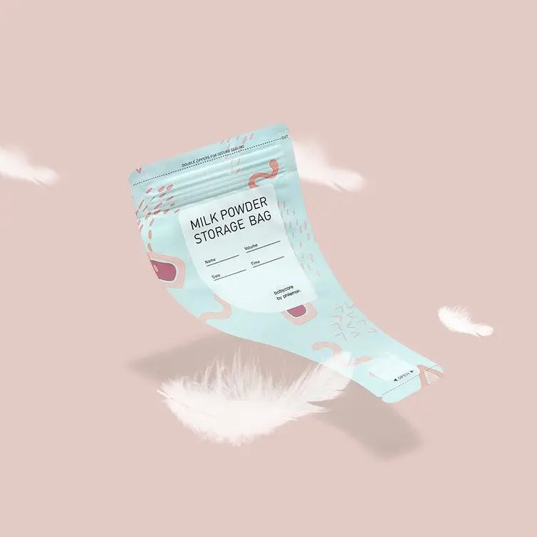 BC Babycare Milk Powder Storage Bag, light blue with pink abstract pattern, floating in mid-air.