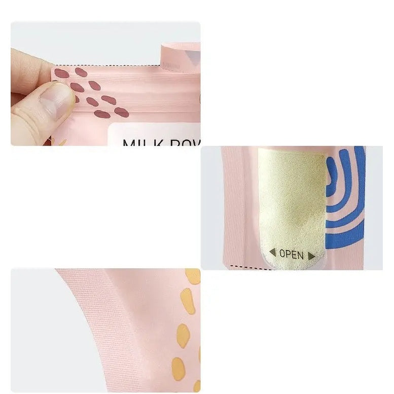 BC Babycare Milk Powder Storage Bag, pink resealable pouch; hand opens zipper, revealing dotted pattern.