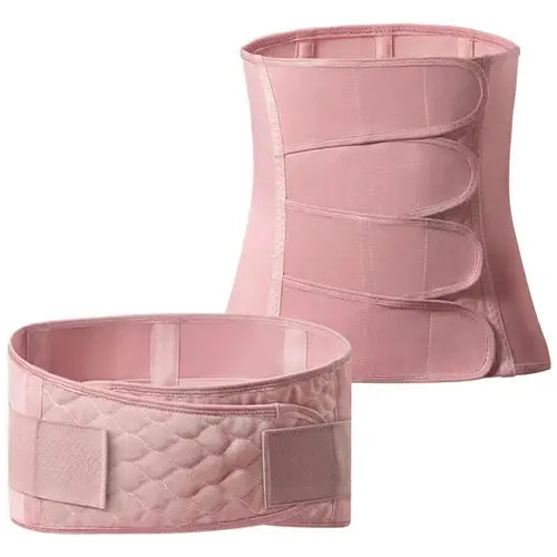 BC Babycare Modal Postpartum Support Recovery Belly Wrap Band Pink set with Velcro closures and quilted belt laid flat.