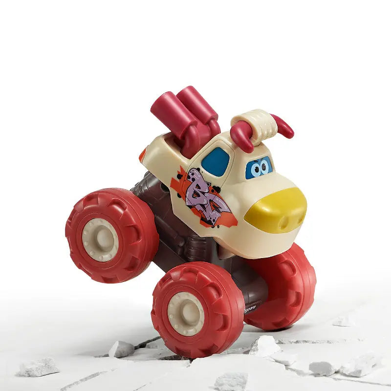 BC Babycare Monster Truck cream body with red wheels and blue eyes, rolling over white rocks.