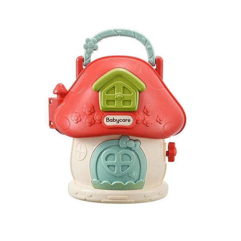 Mushroom house toy by BC Babycare with red cap, green door and teal accents on a cream base