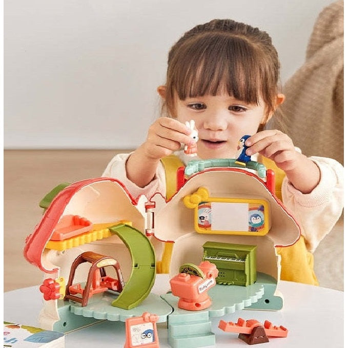 BC Babycare Mushroom House toy set with colorful modular rooms and small figures; child playing.