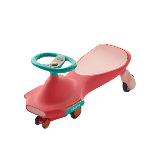 Bc Babycare Nyokiroad Wiggle Car, pink ride-on toy with teal steering wheel and badge, four small wheels.