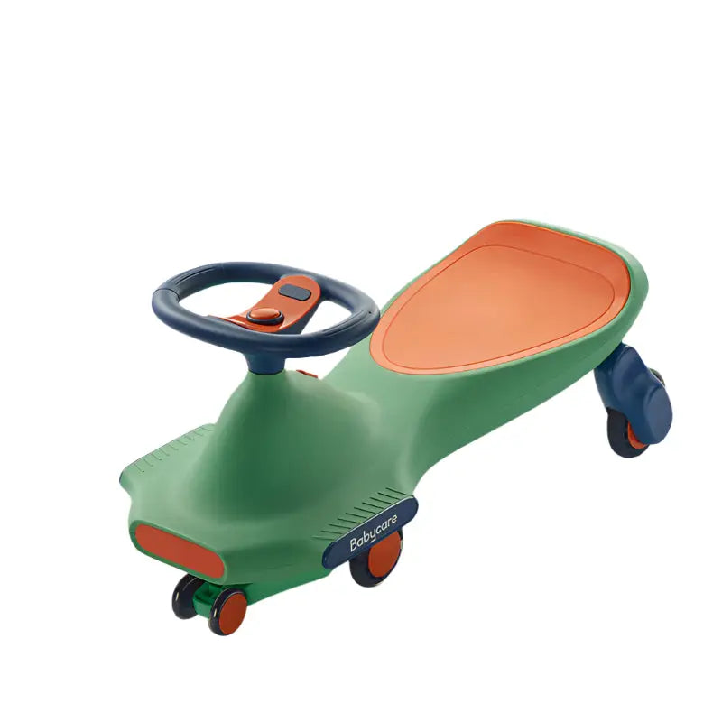 Bc Babycare Nyokiroad Wiggle Car ride-on toy in green with orange seat and blue steering wheel, four visible wheels.
