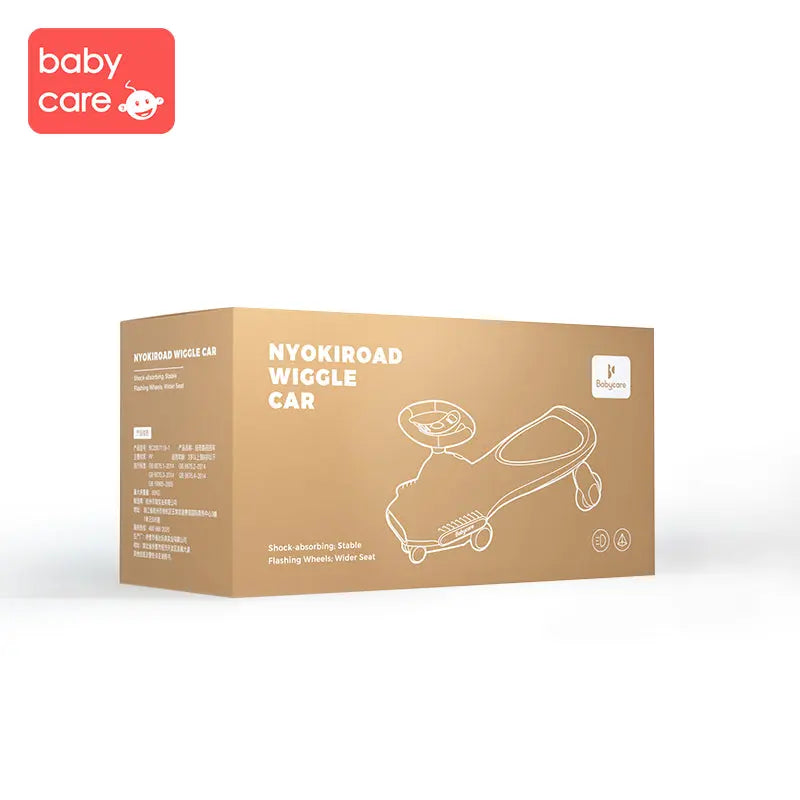 Nyokiroad Wiggle Car by BC Babycare packaging on kraft box with white line-art illustration of the ride-on toy.