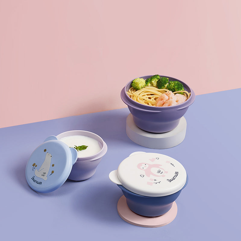 BC BABYCARE portable travel food bowls set with pastel lids for on-the-go baby meals (3 bowls)