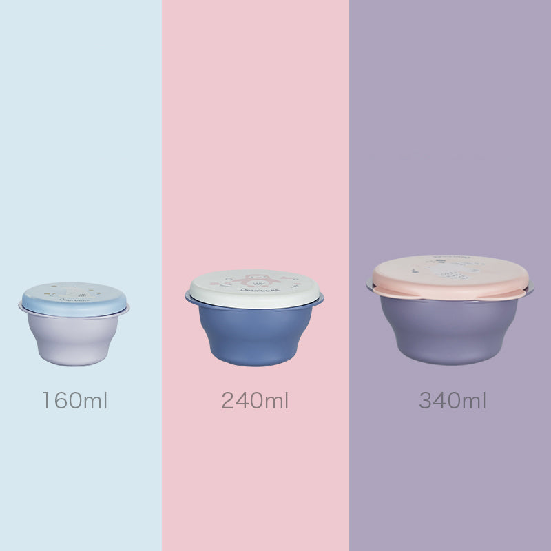 BC Babycare portable travel food bowls set, 3-piece in blue 160ml, pink 240ml, lavender 340ml.