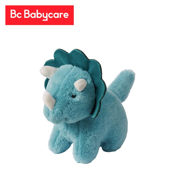 Dinosaur plush toy by BC Babycare, blue with white horns and teal frill