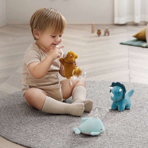 BC Babycare Pull & Run Soothing Toy Dino set with three soft plush toys: brown dino, blue dragon, light blue whale
