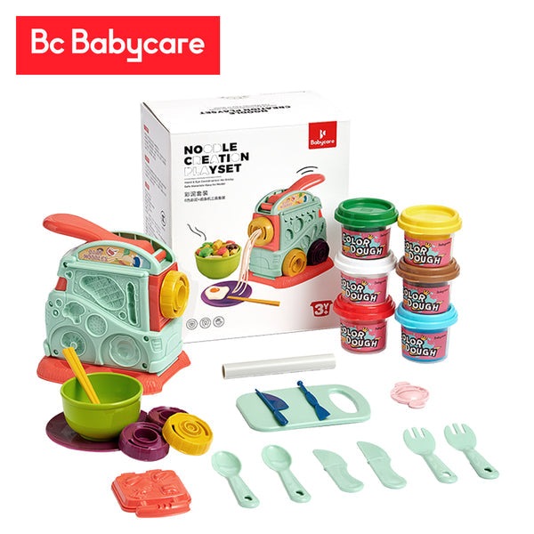 BC Babycare noodle creation playdough set with rice-based dough, 6 color packs and colorful tools.