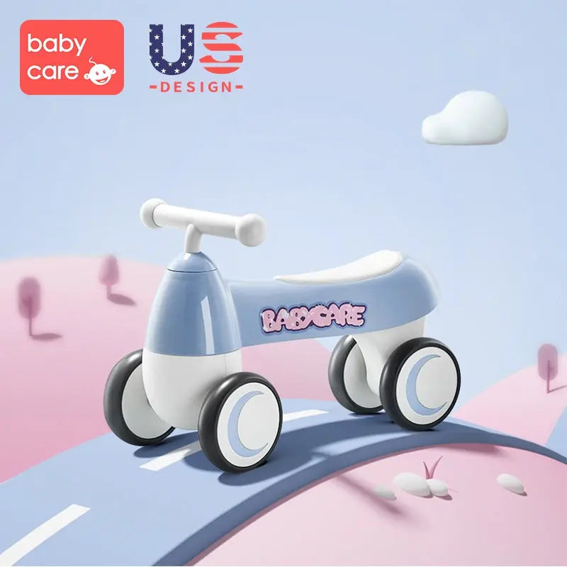 BC Babycare Ride On Scooter in blue plastic with white handlebars, four wheels, gliding along a pastel hill.