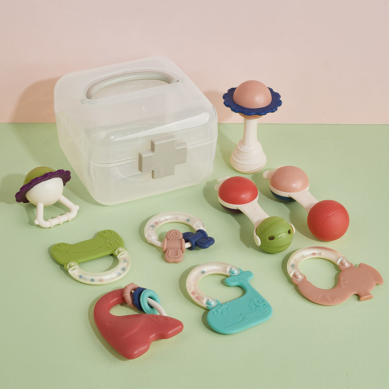 BC Babycare shower toy and teether set with colorful rattles and silicone teethers in a clear case