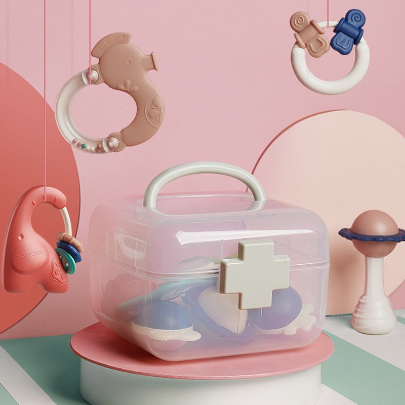 BC Babycare shower toy and teether set in pastel pink with a clear plastic case and handle