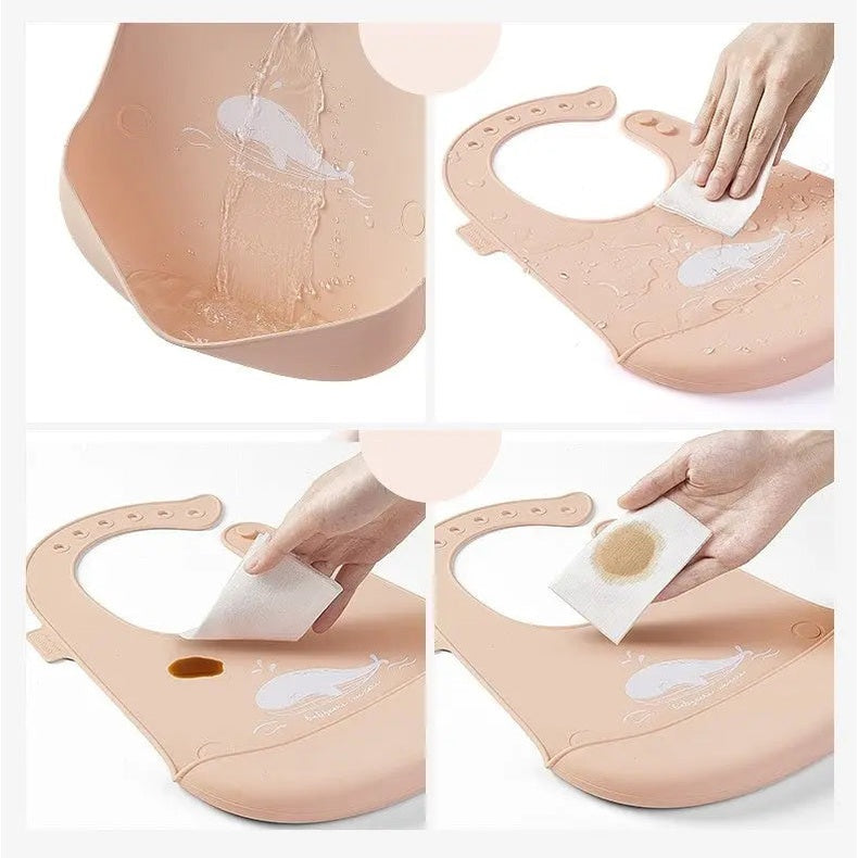 BC Babycare Silicone Adjustable Bib in peach-beige with catch pocket, adjustable neck; shown being wiped clean.