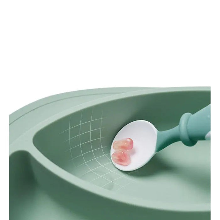 BC Babycare Silicone Anti Slip Plate Crab in green with grid pattern; turquoise spoon resting on plate.