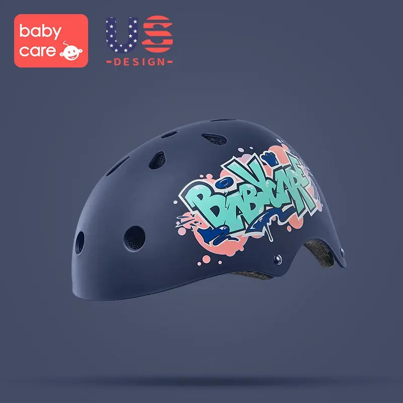 BC Babycare Sports Helmet navy blue with graffiti design; multiple ventilation holes shown midair.
