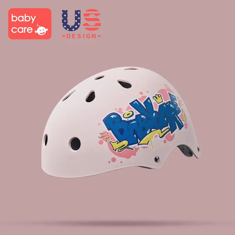 BC Babycare Sports Helmet white with blue graffiti design; multiple ventilation holes for toddlers