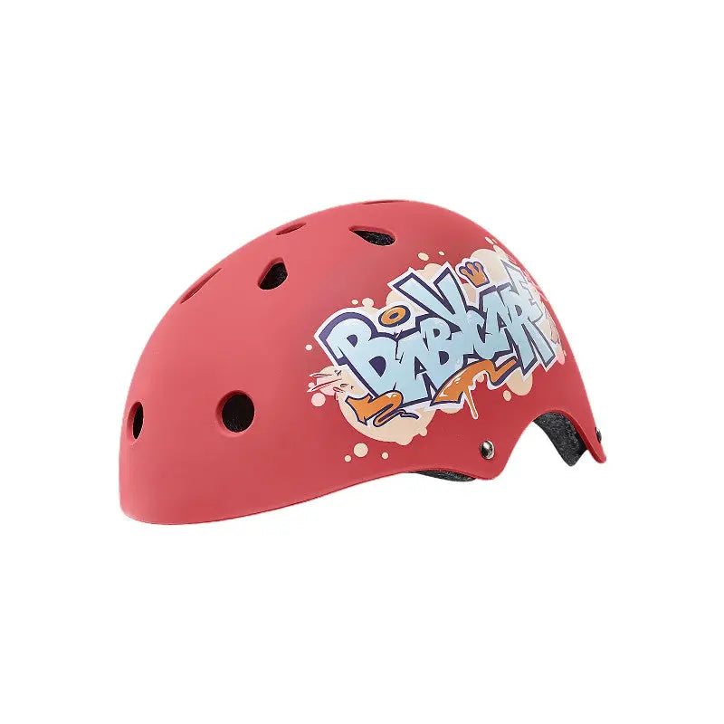BC Babycare Sports Helmet pink with graffiti decal; shows ventilation holes and foam padding inside.