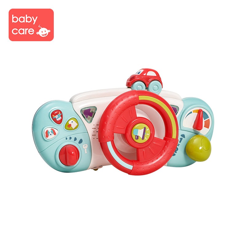 BC Babycare steering wheel toy with teal body, red wheel and colorful buttons